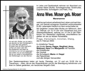 Traueranzeige von Anna Moser von Dolomiten