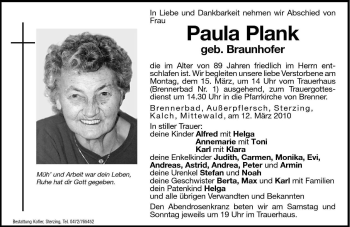 Traueranzeige von Paula Plank von Dolomiten