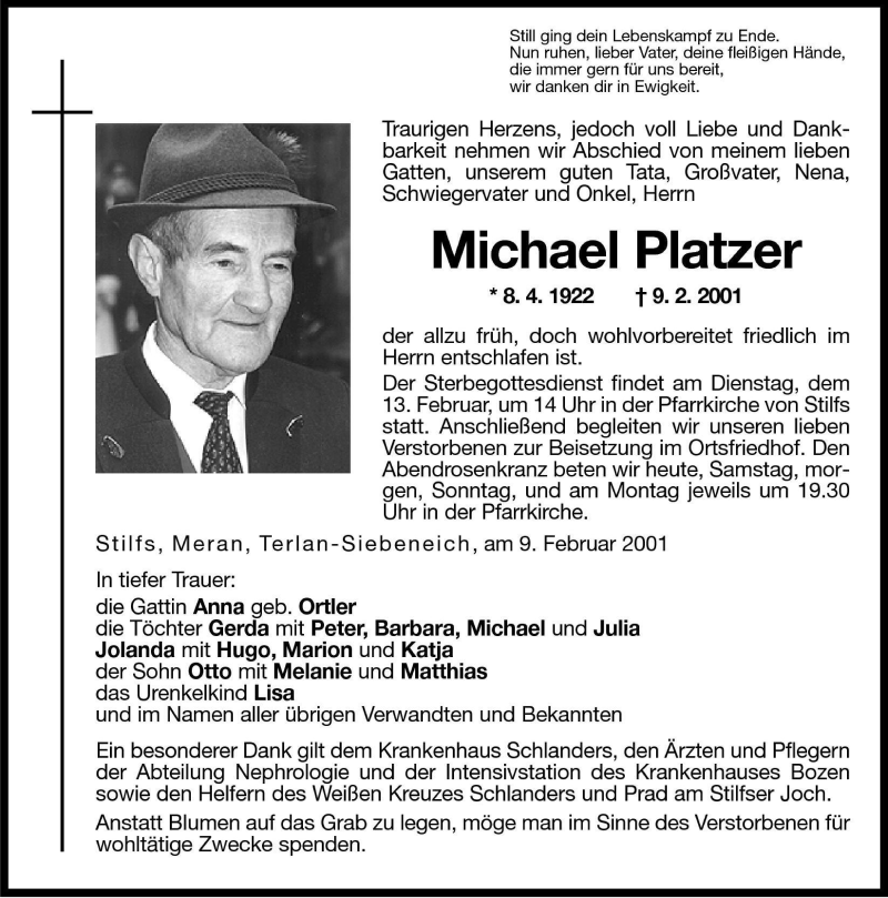  Traueranzeige für Michael Platzer vom 10.02.2001 aus Dolomiten