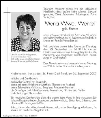 Traueranzeige von Mena Wenter von Dolomiten
