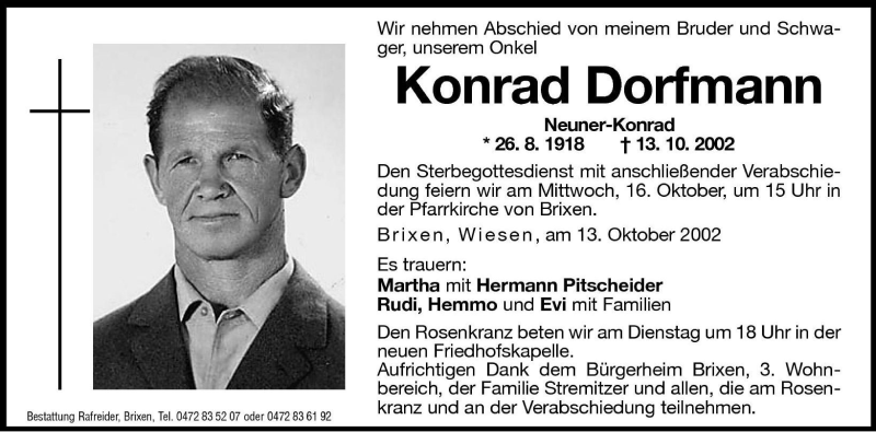  Traueranzeige für Konrad Dorfmann vom 14.10.2002 aus Dolomiten