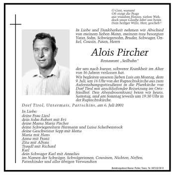 Traueranzeige von Alois Pircher von Dolomiten