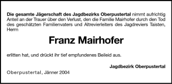 Traueranzeige von Franz Mairhofer von Dolomiten