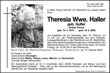 Traueranzeige von Theresia Haller von Dolomiten