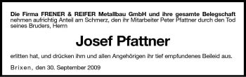 Traueranzeige von Josef Pfattner von Dolomiten