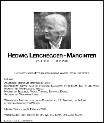 Traueranzeige von Hedwig Lerchegger-Marginter von Dolomiten