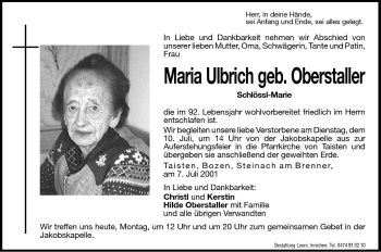 Traueranzeige von Maria Ulbrich von Dolomiten