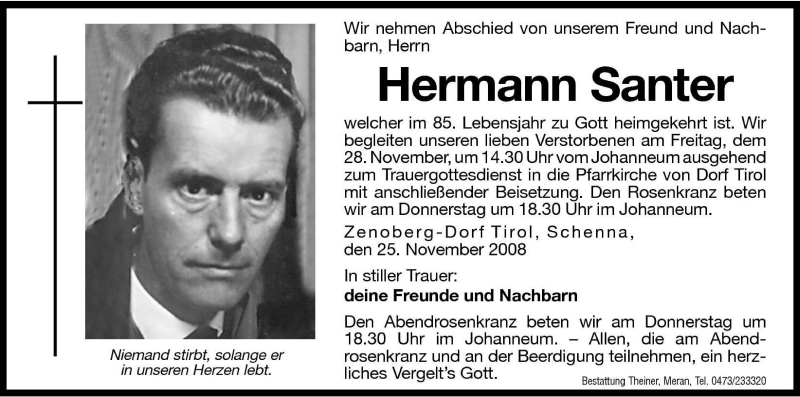  Traueranzeige für Hermann Santer vom 27.11.2008 aus Dolomiten