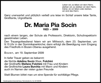 Traueranzeige von Maria Pia Socin von Dolomiten