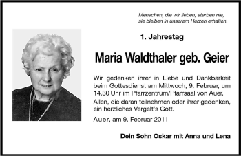 Traueranzeige von Maria Waldthaler von Dolomiten