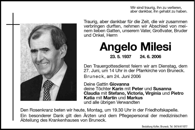  Traueranzeige für Angelo Milesi vom 26.06.2006 aus Dolomiten