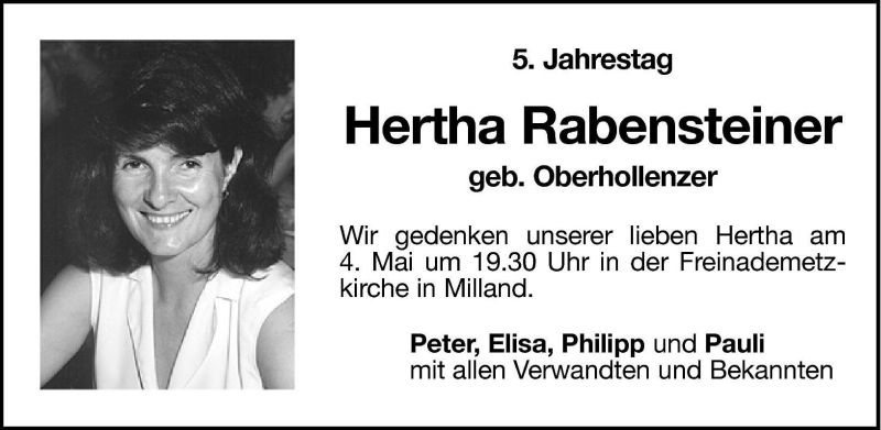  Traueranzeige für Hertha Rabensteiner vom 03.05.2001 aus Dolomiten