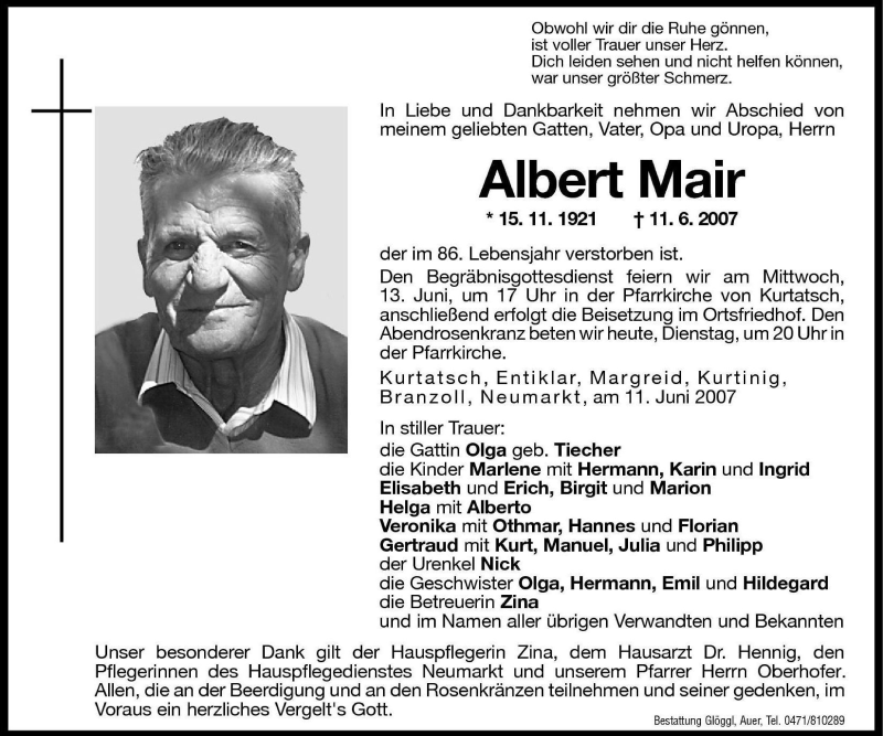  Traueranzeige für Albert Mair vom 12.06.2007 aus Dolomiten
