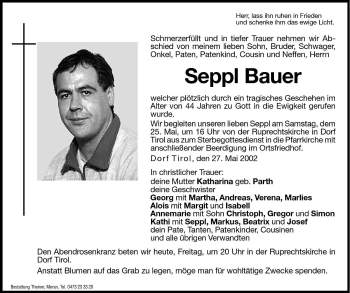 Traueranzeige von Seppl Bauer von Dolomiten