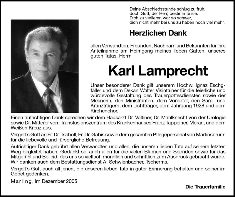  Traueranzeige für Karl Lamprecht vom 23.12.2005 aus Dolomiten