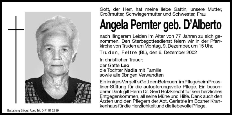  Traueranzeige für Angela Pernter vom 07.12.2002 aus Dolomiten