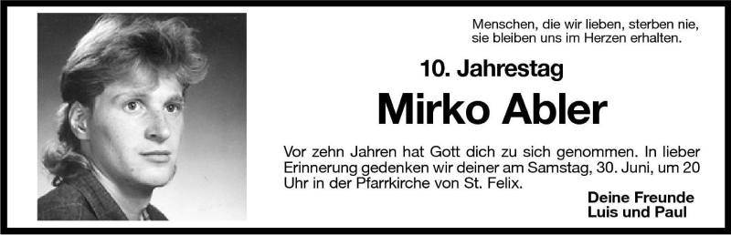  Traueranzeige für Mirko Abler vom 28.06.2001 aus Dolomiten