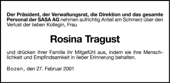 Traueranzeige von Rosina Tragust von Dolomiten