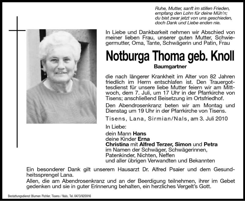 Traueranzeigen von Notburga Thoma | Trauer.bz