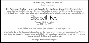 Traueranzeige von Elisabeth Peer von Dolomiten