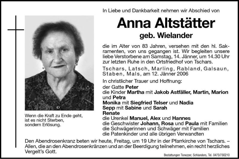  Traueranzeige für Anna Altstätter vom 13.01.2006 aus Dolomiten