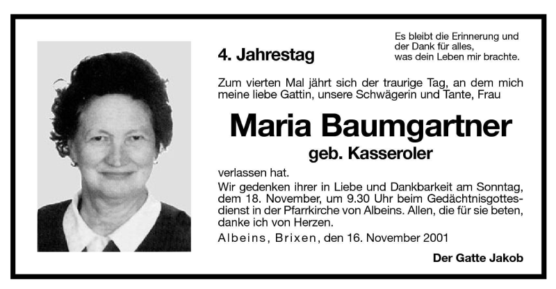  Traueranzeige für Maria Baumgartner vom 16.11.2001 aus Dolomiten