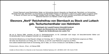 Traueranzeige von Eleonora  von Sternbach zu Stock und Luttach von Dolomiten
