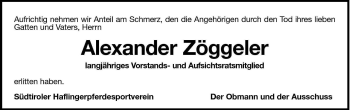 Traueranzeige von Alexander Zöggeler von Dolomiten