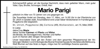 Traueranzeige von Mario Parigi von Dolomiten