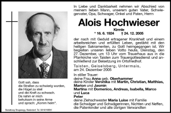 Traueranzeige von Alois Hochwieser von Dolomiten