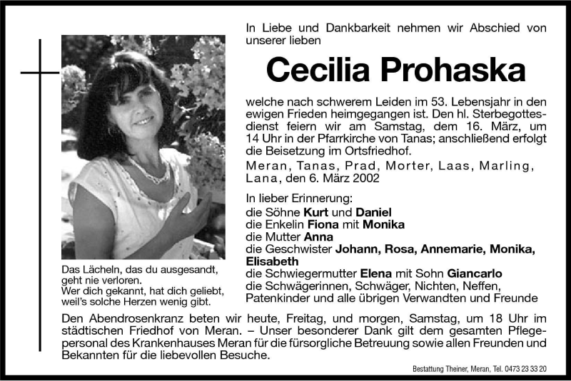  Traueranzeige für Cecilia Prohaska vom 08.03.2002 aus Dolomiten