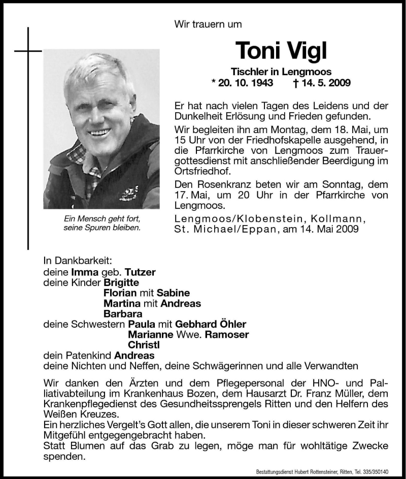  Traueranzeige für Toni Vigl vom 16.05.2009 aus Dolomiten