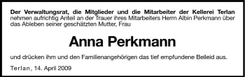 Traueranzeige von Anna Perkmann von Dolomiten