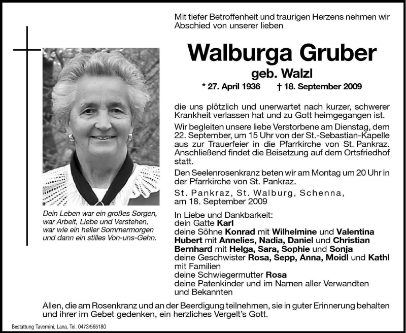  Traueranzeige für Walburga Gruber vom 21.09.2009 aus Dolomiten