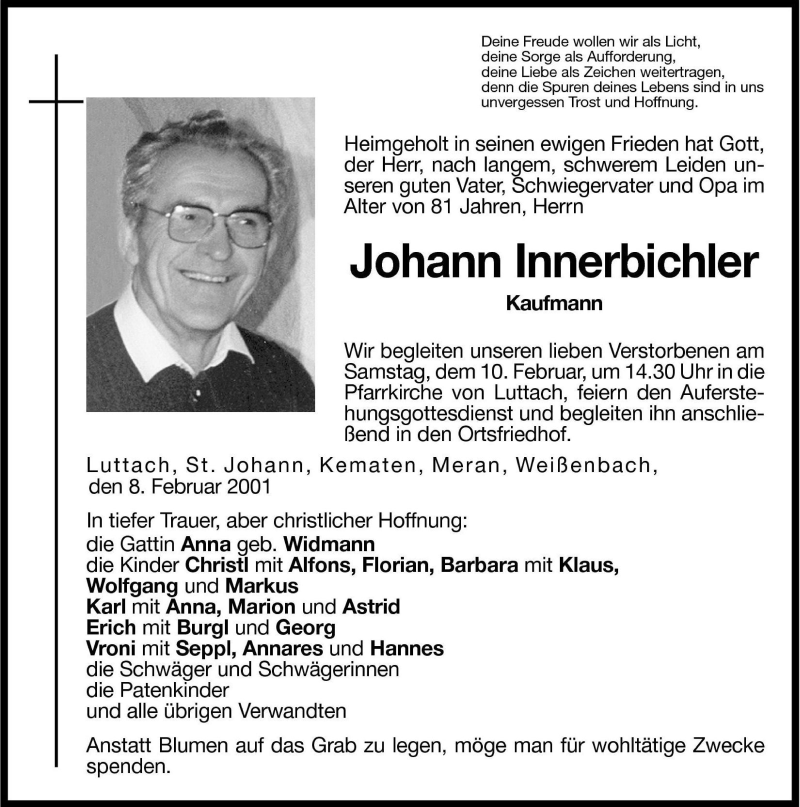  Traueranzeige für Johann Innerbichler vom 09.02.2001 aus Dolomiten