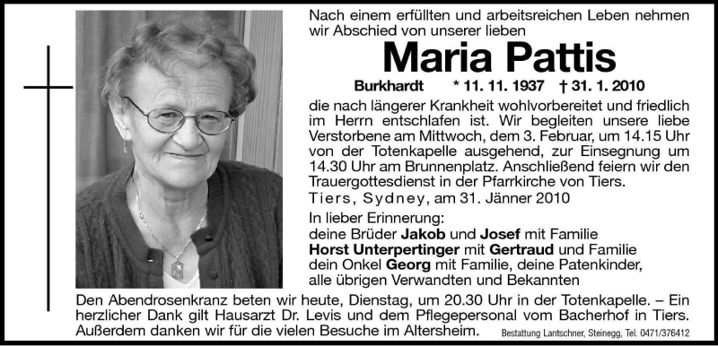  Traueranzeige für Maria Pattis vom 02.02.2010 aus Dolomiten