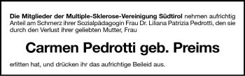 Traueranzeige von Carmen Pedrotti von Dolomiten
