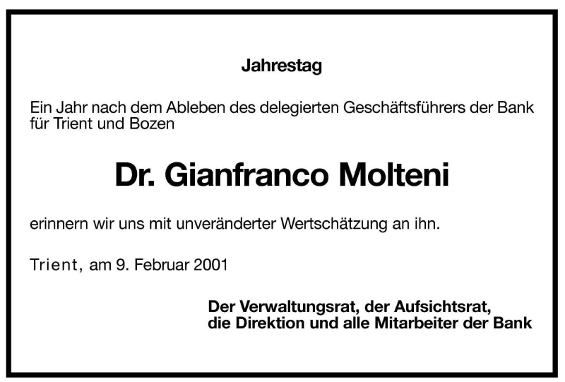  Traueranzeige für Gianfranco Molteni vom 09.02.2001 aus Dolomiten