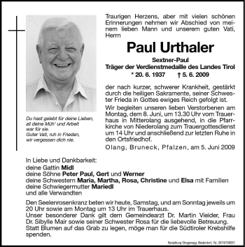 Traueranzeige von Paul Urthaler von Dolomiten
