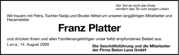 Traueranzeige von Franz Platter von Dolomiten