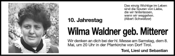 Traueranzeige von Wilma Waldner von Dolomiten