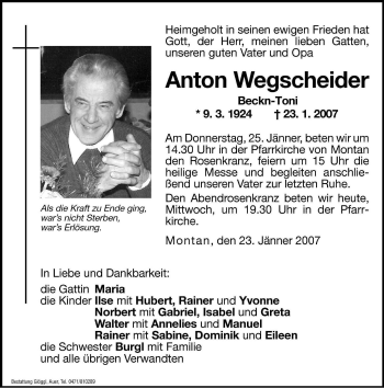Traueranzeige von Anton Wegscheider von Dolomiten
