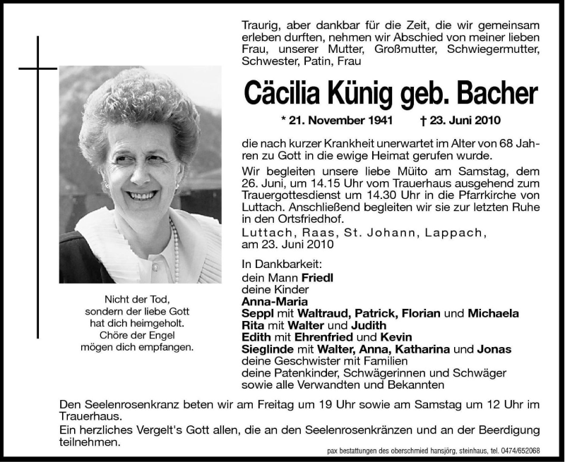  Traueranzeige für Cäcilia Künig vom 25.06.2010 aus Dolomiten