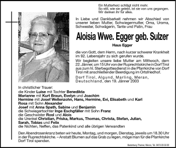 Traueranzeige von Aloisia Egger von Dolomiten