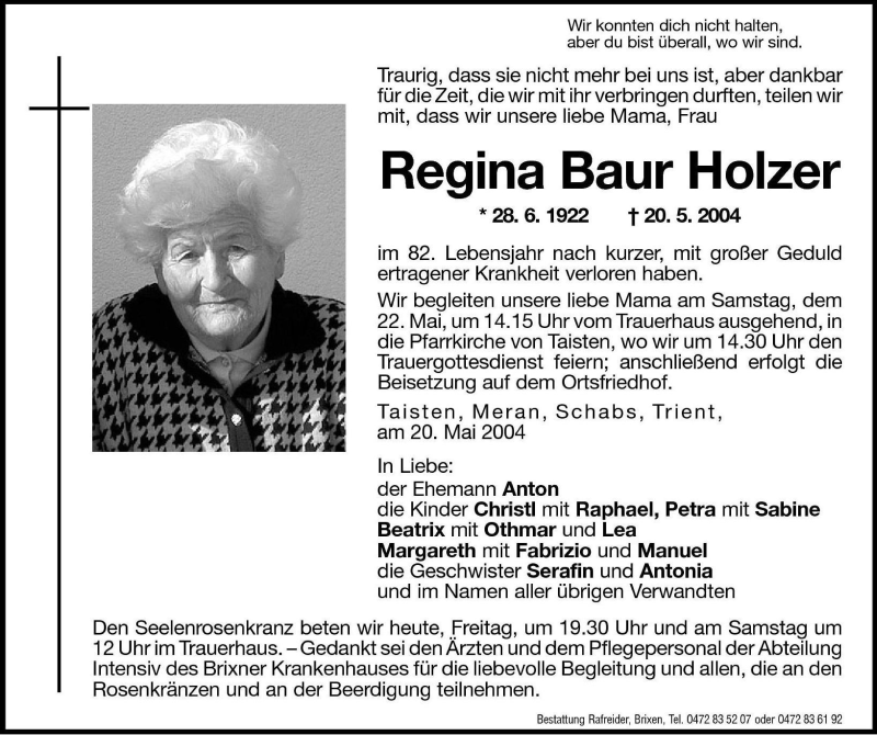  Traueranzeige für Regina Baur Holzer vom 21.05.2004 aus Dolomiten