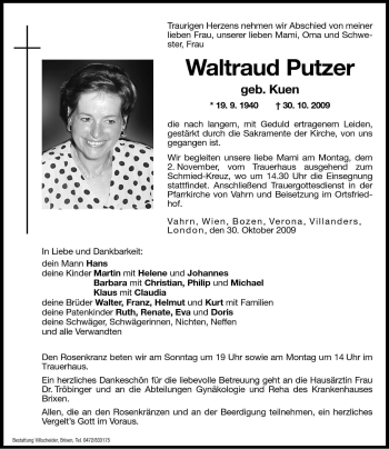 Traueranzeige von Waltraud Putzer von Dolomiten