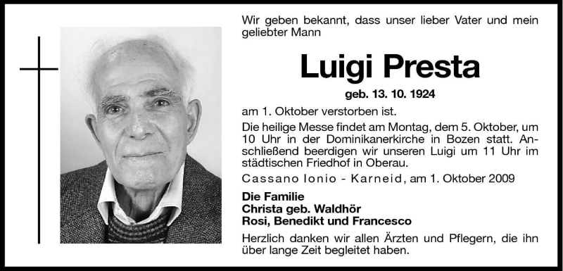  Traueranzeige für Luigi Presta vom 02.10.2009 aus Dolomiten