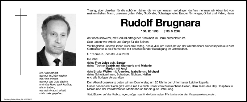  Traueranzeige für Rudolf Brugnara vom 01.07.2009 aus Dolomiten