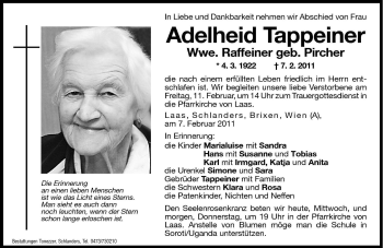 Traueranzeige von Adelheid Raffeiner von Dolomiten