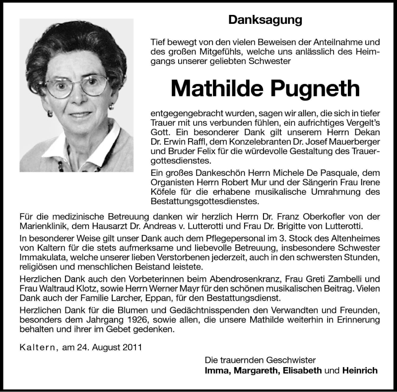  Traueranzeige für Mathilde Pugneth vom 24.08.2011 aus Dolomiten